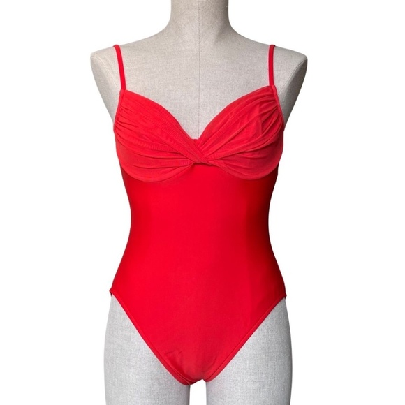 Oscar De La Renta Red Ruched Mesh Swimsuit Sz 12 With Matching Sarong Sz M - Picture 2 of 7